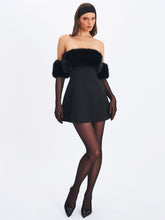Load image into Gallery viewer, Evelyn Black Fur-Trimmed Mini A-Line Dress
