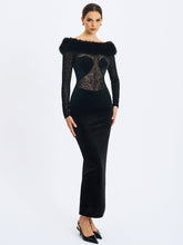 Load image into Gallery viewer, Alexis Black Velvet Animal Print Fur Boatneck Maxi Dress
