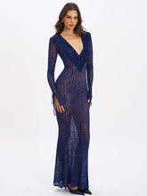 Load image into Gallery viewer, Ilyse Navy V-Neck Plunge Animal Print Mermaid Hem Maxi Dress
