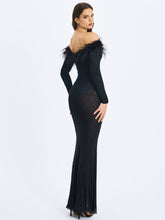 Load image into Gallery viewer, Emberly Black Fur Trimmed Off-Shoulder Rhinestone Mermaid Maxi Dress
