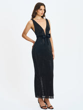 Load image into Gallery viewer, Olympia Black Belted Bow Plunging Rhinestone Maxi Dress

