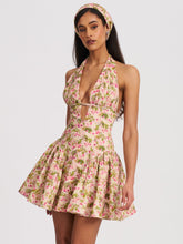 Load image into Gallery viewer, Mackenzie Green and Pink Floral Print Halter Linen Mini Dress
