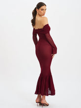 Load image into Gallery viewer, Kaedyn Burgundy Off Shoulder Long Sleeve Crochet Mermaid Maxi Dress
