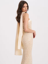 Load image into Gallery viewer, Raizel Gold Beaded Sequin Bodycon Gown with Scarf
