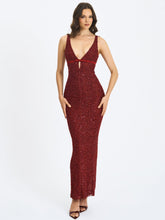 Load image into Gallery viewer, Elora Crimson Sequin Beaded Keyhole Maxi Dress
