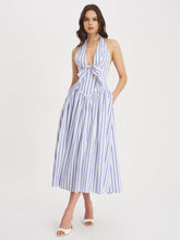 Load image into Gallery viewer, Mackenna Navy Stripe Halter Smock Back Maxi Dress
