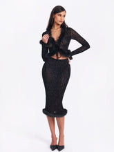 Load image into Gallery viewer, Halia Black Animal Print Burnout Velvet Fur Trim Skirt
