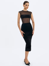 Load image into Gallery viewer, Quielle Black Mesh and Velvet Midi Bodycon Dress
