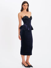 Load image into Gallery viewer, Pascha Black Lace Appliqué Strapless Peplum Midi Dress
