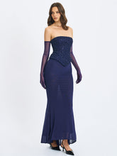 Load image into Gallery viewer, Orabelle Navy Beaded Peplum Mermaid Maxi Gown with Lace-up Back
