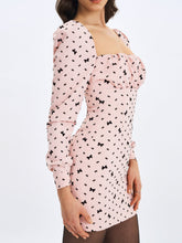 Load image into Gallery viewer, Perla Baby Pink Ruched Bust Velvet-Embossed Bow Mini Dress
