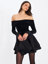 Load image into Gallery viewer, Magnolia Black Off-Shoulder Layered Satin Mini Dress
