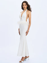 Load image into Gallery viewer, Solene Pleated Halter Backless Feather-Trim Maxi Dress

