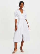 Load image into Gallery viewer, Palina Pinstripes Cotton Poplin Pleated Midi Preppy Shirt Dress
