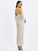 Load image into Gallery viewer, Quimera Almond Beaded Cape Halter Off-Shoulder Maxi Gown
