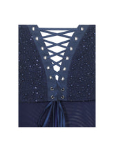 Load image into Gallery viewer, Orabelle Navy Beaded Peplum Mermaid Maxi Gown with Lace-up Back
