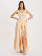 Load image into Gallery viewer, Ulissa Orange Square Neck Jacquard Textured High Slit Maxi Dress
