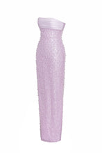 Load image into Gallery viewer, Lainey Purple Satin Sequin Pearls Beaded Maxi Dress
