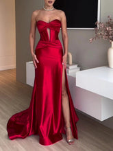 Load image into Gallery viewer, Tube Top Slit Red Extra Long Evening Dress

