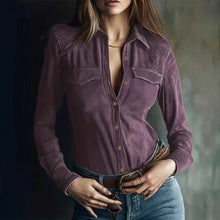 Load image into Gallery viewer, Deerskin Velvet Long Sleeve Patchwork Blouse | Retro Style
