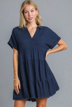 Load image into Gallery viewer, Women Dark Navy Full Size Raw Hem Folded Sleeve Dress Casual Plus Size Simple Dress
