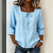 Load image into Gallery viewer, Printed Lace-Up Square-Neck Shirt – Three-Quarter Sleeve, Ramie
