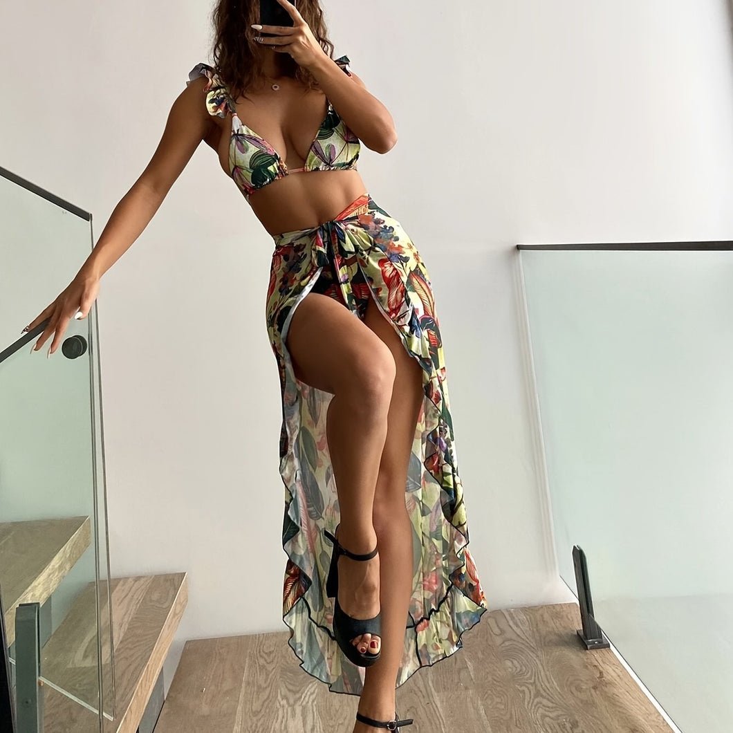Bloom Breeze 3-Piece Bikini Set – Elegant High Cut Floral Fluttering Swimsuit with Lettuce Trim Tie Back Bandeau and Coordinating Cover Up Skirt – Women's Romantic Swimwear for Beach & Resort Vacations