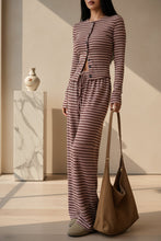Load image into Gallery viewer, Women's Stripe Fitted Button-Front Crop Top &amp; Drawstring Wide-Leg Pants Set
