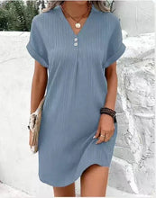 Load image into Gallery viewer, Button-Front V-Neck Dress – Short Sleeve Solid Casual Shirt Dress
