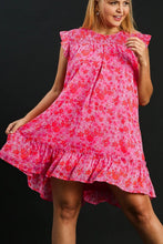 Load image into Gallery viewer, Pink Full Size Smocked Detail Floral Ruffle Cap Sleeve Dress Plus Size Glamorous &amp; Feminine Dress
