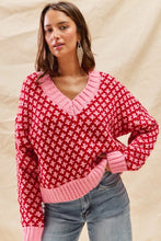 Load image into Gallery viewer, SO ME Color Block Textured Christmas Sweater V Neck Top
