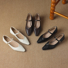 Load image into Gallery viewer, Women's Pointed Toe Low Square Heel Buckle Flats – Floral Detail Dress Shoes
