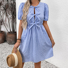 Load image into Gallery viewer, Women’s Striped Tie-Front Puff Sleeve Mini Dress
