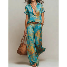 Load image into Gallery viewer, Women's Marble Swirl Print Satin-Look Short Sleeve Shirt &amp; Wide-Leg Pants Resort Set
