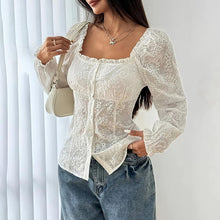Load image into Gallery viewer, Women’s Square Neck Eyelet Lace Blouse – Puff Sleeve Hollow-Out Button Top
