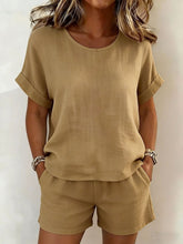 Load image into Gallery viewer, Women's Relaxed Cotton-Linen Cuffed Sleeve Top &amp; Shorts Two-Piece Set
