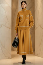 Load image into Gallery viewer, Women's Turtleneck Balloon-Sleeve Knit Top &amp; A-Line Midi Skirt Set with Contrast Topstitching
