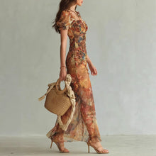 Load image into Gallery viewer, V-Neck Waist-Cinched Ruffle Hem Maxi Dress – Bodycon Long Dress in Orange
