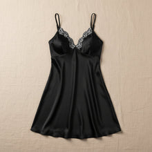 Load image into Gallery viewer, Lace Trim V-Neck Mini Dress – Backless Satin Slip Dress
