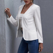 Load image into Gallery viewer, White Open-Front Cropped Blazer – Women's Plus Size Collarless Long Sleeve Jacket
