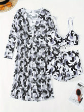 Load image into Gallery viewer, Luxe Lines 3-Piece Geometric Bikini Set for Women – High Rise Drawstring Bikini with Boxer Shorts &amp; Long Sleeve Sheer Kimono Cover-Up – Bold &amp; Breezy Women’s Swimwear for Summer Beach Pool &amp; Getaways
