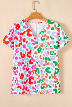 Load image into Gallery viewer, Green Leopard Print Patchwork V Neck Short Sleeve Blouse

