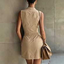 Load image into Gallery viewer, Khaki Sleeveless Workwear Maxi Dress – Stand Collar Zipper Long Dress
