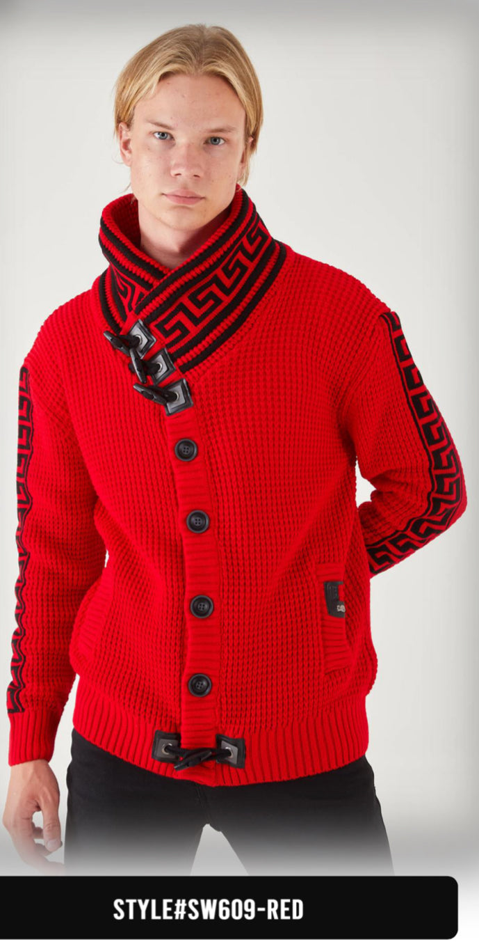 Suslo Couture  Men's Red Button Up Sweater | Meander Print