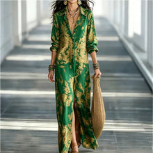 Load image into Gallery viewer, Women's Floral Print Chiffon Turn-Down Collar Split Maxi Dress | Resort Beach Dress
