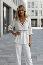 Load image into Gallery viewer, Women's V-Neck Hollow-Out Fringe Cotton-Linen Top
