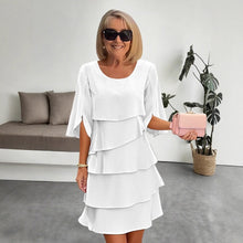 Load image into Gallery viewer, Patchwork Cake Midi Dress – Round Neck Short Sleeve Tiered Skirt

