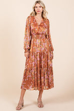 Load image into Gallery viewer, Flower Print Satin Lurex Stripe Smocked Midi Summer Dress – Elegant Midi Dress, Satin Lurex Dress, Floral Dress, Smocked Waist Dress, Romantic Midi Dress, Special Occasion Dress
