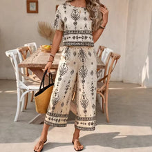 Load image into Gallery viewer, Women's Ethnic Print Contrast Two-Piece Set – Top &amp; Straight-Leg Pants
