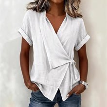 Load image into Gallery viewer, Women's Casual Lapel Collar Lace-Up Short-Sleeve Linen Top
